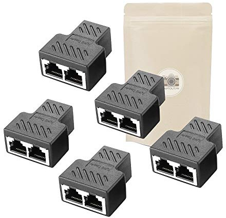 5x Sdoppiatore RJ45 RJ 45 Cat 5 6 7-2 prese femmina - Per cavo prolunga estensione Ethernet - 1 sola rete internet - Adaptout marca francese