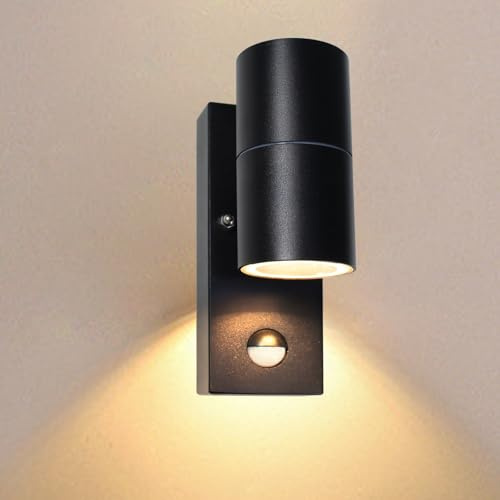 Wondlumi Outdoor Wall Lights PIR Motion Sensor Outside Lights 3000K Black | Mains Powered 240V IP44 Down Wall Lamp, Incl. 1x 5W LED GU10 Bulbs Warm White