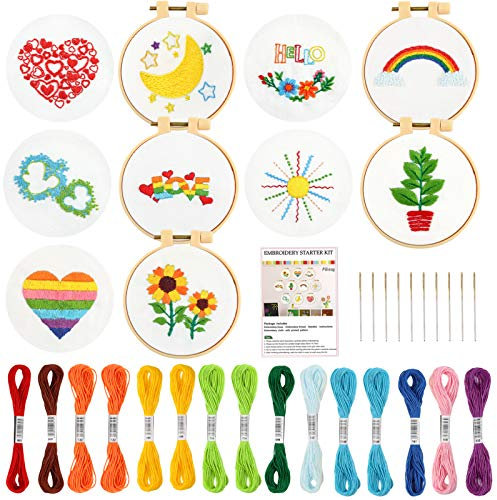 Pllieay - Kit di ricamo per principianti, 10 pezzi, per bambini da 7 a 13 anni, istruzioni incluse (lingua italiana non garantita), kit per ricamo con ago con motivo, kit per progetti di ricamo