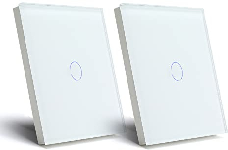 BSEED Interruptor de Luz 1 Gang 1 Vía interruptor tactil pared Blanco con indicador LED,Interruptor de Luz con panel de vidrio templado,sin cable neutro,2 Paquete (Carga máxima:500W)