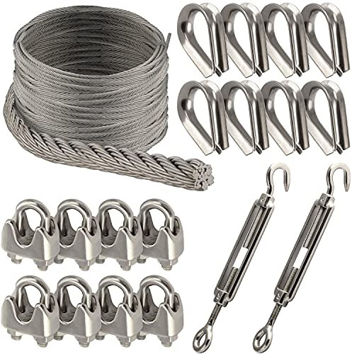 OPIOL QUALITY® 30m Drahtseil 7x7 mittelweich 5mm, 8x Drahtseilklemme ähnl. DIN 741 5mm, 8x Kausche 5mm ähnl. DIN 6899, 2x Spannschloss Auge/Haken M8 Sonnensegel Set Edelstahl A4 Hanging Kit Klemme