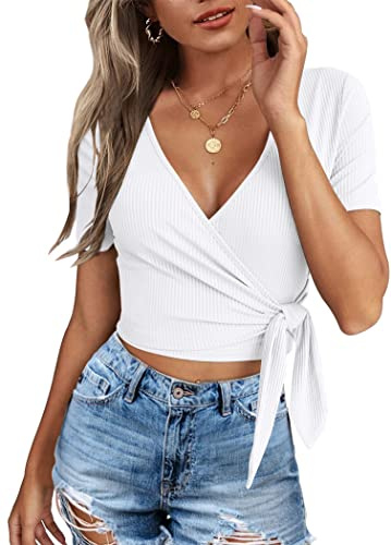 White Crop Top for Women Going Out Cute Short Sleeve Tie Front Dating Tops White L