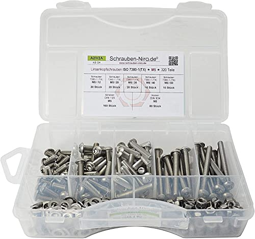 Sortiment ISO 7380 Linsenkopfschrauben Torx M5 Edelstahl V2A 320 Teile mit Muttern, Unterlegscheiben