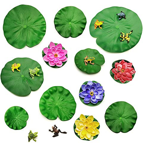 GOIYZTTR 24 Pezzi Ninfee Artificiali, Fiore in Schiuma di Ninfea e Foglia di Loto con Rana Artificiale per Giardino Stagno Loto Decorazione