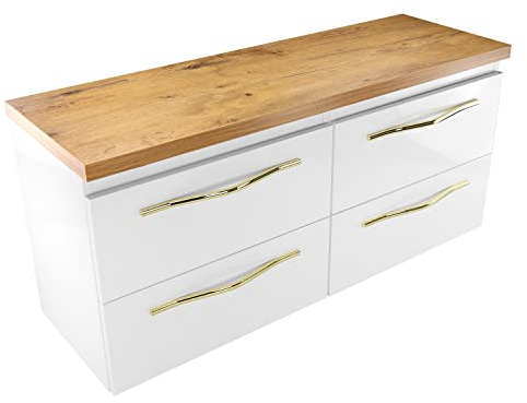 paplinskimoebel Armadietto da bagno 120 con 4 cassetti con chiusura morbida, lucido, adatto anche per lavabo da appoggio, B/H/T 120,4/40/55,1, bianco con finitura in rovere