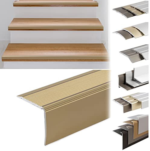 KARAT Profilo per bordi per scale a forma di L, in alluminio, 1 pezzo, 134 x 3 x 2 cm, autoadesivo, oro per parquet e laminato, con materiale di montaggio, profilo per gradini in 3 lunghezze e 4