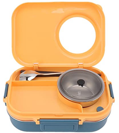 Thermal Lunch Containers, 4 Compartments Insulated Lunch Box Portable Box with Spoon, Chopsticks and Soup Bowl for School Office Picnic (Blue Yellow)