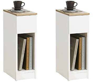 SoBuy Juego de 2 Mesitas de Noche estrechas 20 cm, 20x35x60 cm | Con cajón, mesas de noche ahorradoras de espacio para dormitorio y salón, Blanco, FBT111-WNx2