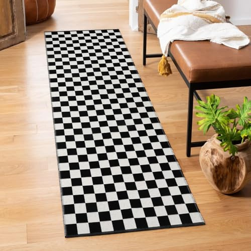 Seavish Karierter Teppich, Flurläufer, waschbarer Indoor- und Outdoor-Läufer, Schachbrett-Design, wendbarer Teppich für Schlafzimmer, Bad, Waschküche, Küche, Schwarz-Weiß, 60 x 180 cm