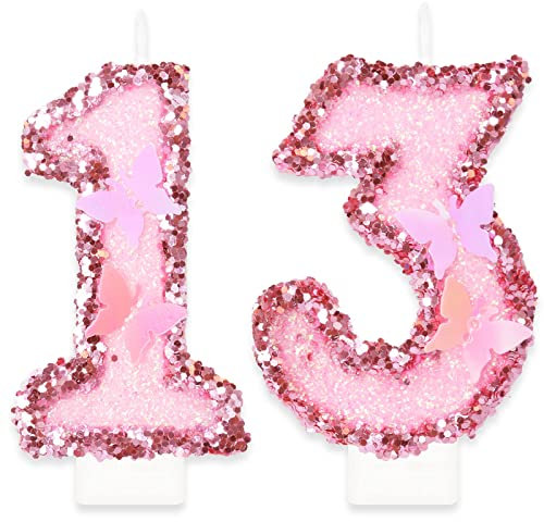 Geburtstagskerzen Zahlen 13, Schmetterling Kerzen Geburtstag, Personalisierte Manuell Geburtstagskerzen, Rosa Pailletten Kuchendeko, Tortendeko 13 Geburtstag für Frauen Mädchen Geburtstags Jubiläum
