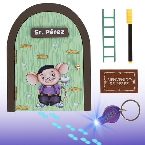 GreatDreams® Set mit magischen Mäusen – Tür, die sich öffnet und im Dunkeln leuchtet – Tür mit Fingerabdruckverfolgung – Mäusehaus Perez Zahnbox – Magische Tür aus Holz