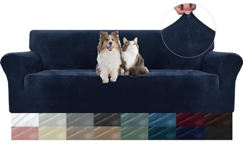 YSTELLAA Samt Sofa Überzug 4 Sitzer, Stretch Sofahusse Universal, Sofaschoner rutschfest, Sofa Covers Mit Armlehne, Couch Bezug Schutz Katze, Waschbare Couchschoner, Dunkel Blau
