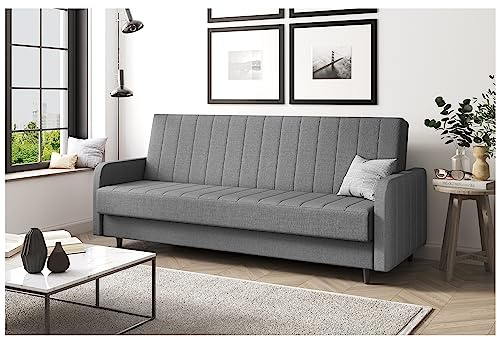 MEBLINI Sofa mit Schlaffunktion - Schlafcouch Ausziehbar - Schlafsofa mit Bettkasten - Sofabett - Couch mit Schlaffunktion - Klappsofa - Andres 3-220x87x93cm - Grau Webstoff