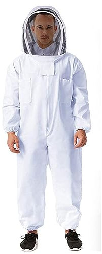 Cyrank Belüfteter Imkeranzug, Professioneller Ganzkörper-Imkeranzug Elastische Taille Imkerbekleidung Weiche Baumwolle Bienenhaltungszubehör Mit Handschuh Und Belüfteter Kapuze(XL)