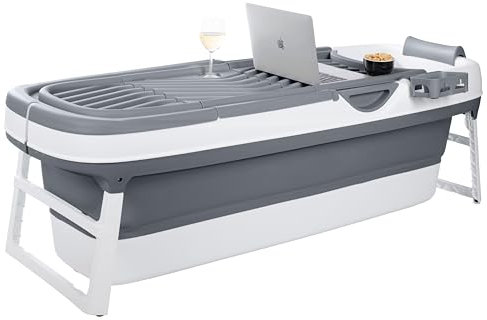 HelloBath® Baignoire Pliable XXL 157x60x48 cm pour Adultes | Baignoire Portable avec Coussin de Bain, Sac de Rangement, Lampe LED & Rouleaux Massage | Mobile pour Douche & Extérieur | Gris Foncé