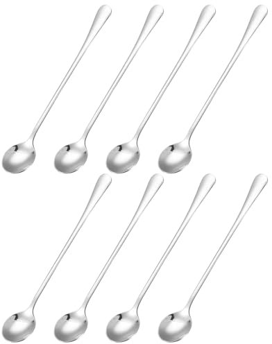 sourcing map 8Pcs Long Handle Spoon Stainless Steel Ice Tea Spoons Round Coffee Mixing Spoon Ice Cream Spoon Cocktail Stirring Spoon, Silver