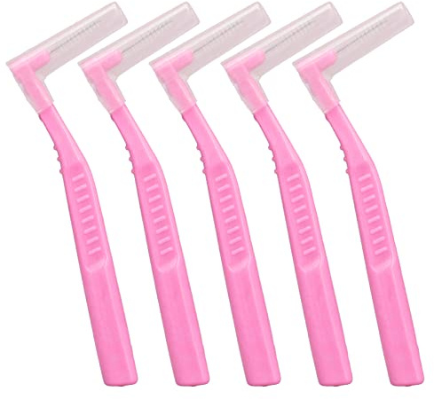 5 Pezzi Spazzolini Interdentali a Forma di L Strumento per La Cura dei Denti Morbido Orale Filo Interdentale Testa Stuzzicadenti Detergenti per La Pulizia della Placca Apparecchi (0.6mm-Rosa)