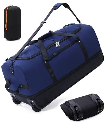 Vomgomfom 32 110L Erweiterbar 140L Reisetasche mit 2-Inline-Rädern, Faltbare Extra Große Sporttasche mit Multi-Griffe, Marine