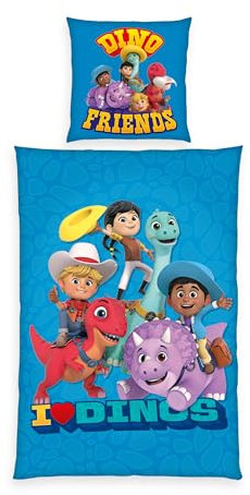 Herding Bettwäsche Dino Ranch, Kopfkissenbezug 80 x 80 cm mit Wende-Motiv, Bettbezug 135 x 200 cm, Mit Knopfleiste, 100% Baumwolle