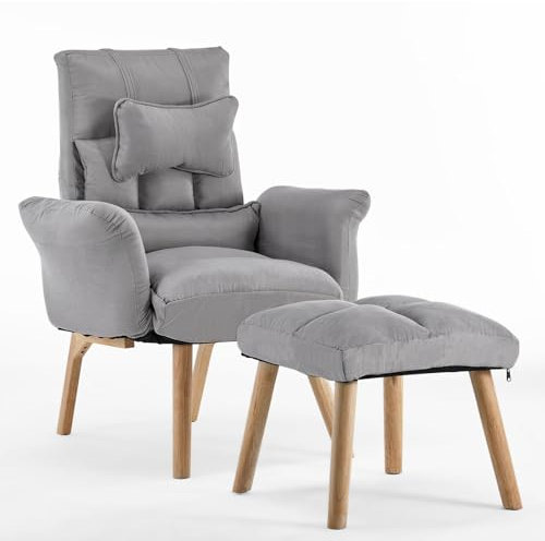 TUKAILAI Relaxsessel mit liegefunktion,Fernsehsessel,Polstersessel aus Baumwolle und Leinen,Sessel mit schlaffunktion,ohrensessel mit hocker,verstellbar Einzelliegesessel Wohnzimmer Heimkino,Grau