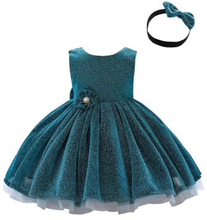 Lito Angels Robe Brillante Fille avec Bandeau | Bandeau assorti, Tissu brillant, corsage sans manches, jupe 3 couches, fleur à la taille, grand nœud au dos, Mariage, Noël
