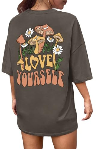Svanco T-Shirt Oversize à Col Rond pour Femme Manche Courte avec Impression de Lettres Créatives Loose Haut Imprimé Streetwear Top
