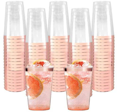 60 Stück Plastikbecher mit Roségold Rand, 350ml/12oz Wiederverwendbarer Becher aus Kunststoff, Trinkbecher Elegante Partybecher Cocktailbecher für Geburtstag Hochzeit Cocktail Getränk (11.1x7.4cm)