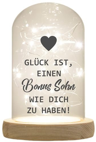 WB wohn trends LED-Glaskuppel, Glück ist einen Bonus-Sohn wie Dich zu haben, 16,5x11cm, Glasglocke mit LED-Licht und Holz-Fuß LED-Laterne LED-Lampe mit Text Spruch