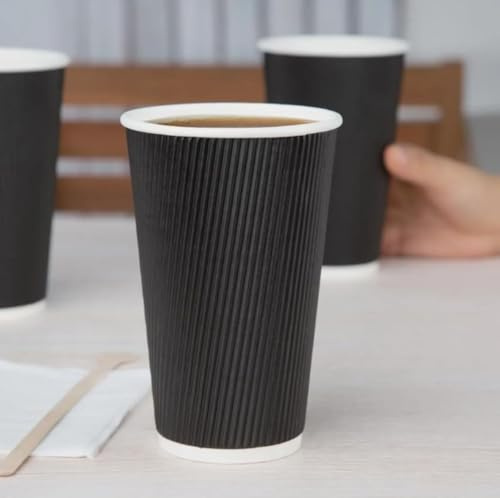 HOT BARGAINS Triple Wall Black Paper Coffee Cups, 16oz/460ml Disposable Ripple Cups for Hot and Cold Drinks, Pack of 500