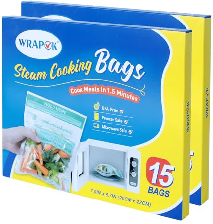 WRAPOK Microwave Steamer Bags 30 Pack Zip Steam Vegetable Cooking Bag for Potatoes Meat, 7.9 X 8.7 Inches