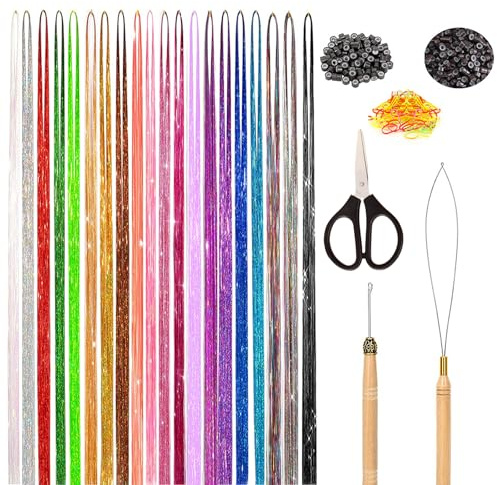 VEGCOO Haar Lametta,20 Farbe Glitzer Haarsträhnen mit Werkzeug Glänzendes Haar Bündel Passend für Frauen Haar Spiel Party