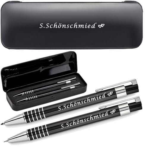 Schreibset aus Aluminium mit Gravur - Kugelschreiber & Druckbleistift | Personalisiertes Set mit Geschenkbox | Blau schreibend, Name