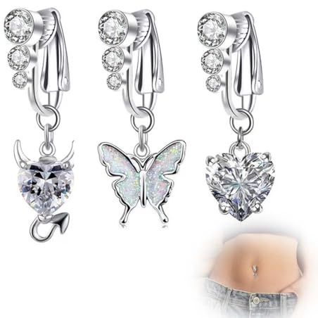 SULIUDAJI 3 Stück Fake Bauchnabelpiercing,Fake Bauchnabel Piercing, Silber Bauchnabelpiercing Chirurgenstahl Clip, Cz Herz Kristallkugel Anhänger Bauchnabelpiercing Schmetterling Lang Für Damen Frauen