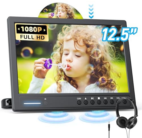 Arafuna 12.5 Car DVD Player with Headphone, Portable DVD Player with Headrest Mount, Suction-Type Disc in, Headrest DVD Player Support 1080P Video, HDMI Input, AV in/Out, USB/SD Card Reader
