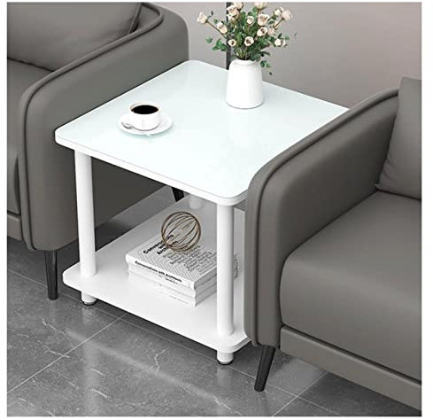 Couchtisch 19,6'' quadratischer Beistelltisch, Nachttisch mit 2-stufigem Ablagefach, Bistrotische for den Innen- und Außenbereich, Couchtisch for kleine Räume Beistelltisch(White Glass top)