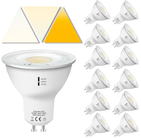 Jaenmsa GU10 LED Lampen 5W 500LM, Warmweiss 2700K Neutralweiß 4000K Kaltweiß 6000K, 3 Farbtemperatur Einstellbar Led spot, Nicht Dimmbar, 230V Led Glühbirnen Leuchtmittel 12er Pack
