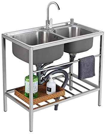 Lavello da cucina commerciale Doppia ciotola Lavello da esterno in acciaio inossidabile con rubinetto freddo e caldo per garage lavanderia bar ristorante