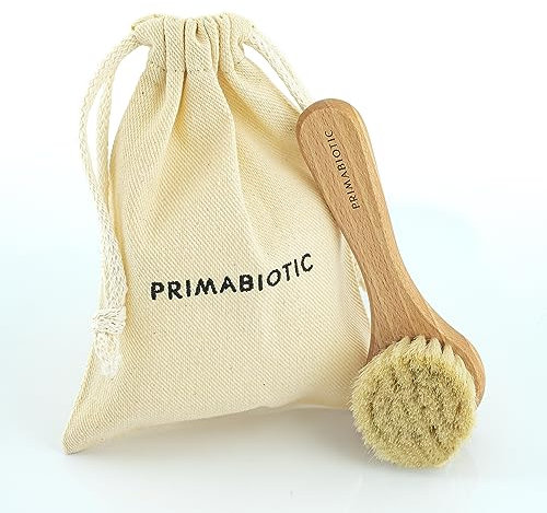 Primabiotic Spazzola per massaggio facciale con custodia, prodotto ecologico dall'Europa, legno di quercia e peli di capra, adatto per tutti i tipi di pelle, con astuccio realizzato a mano