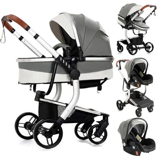 Doraystar PU-Leder Kinderwagen 3 in 1 Kombikindersitz mit Zwei Umkehrbaren Schiebemodi, Ein-Klick-Faltdesign, Aluminiumlegierung (518 Grey)