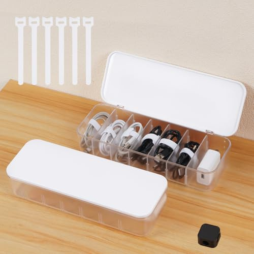 Asonen Kabel Organizer Box mit 14 Kabelbindern und 6 magnetischen Kabelhaltern, Schreibtisch Kabelmanagement Box mit Deckel und Trennwänden für Büro und Zuhause – Weiß