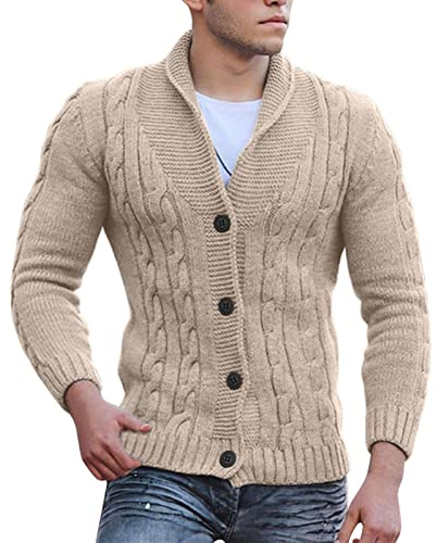 Cardigan homme boutons col châle casual pull hiver chaud tricot torsadé coupe ajustée leger pulls col v grande taille manche longue épais pullover basic couleur unie quotidien ideal manteau (Brown, M)