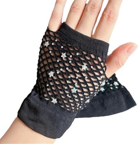 10 Paar Kurz Netzhandschuhe mit Funkelnden Damen Fischnetz Handschuhe Opernhandschuhen Fishnet Gloves Netz Armstulpen Spitzenhandschuhe Netzärmel Rock Handschuhe für Hochzeiten Opern (Schwarz)
