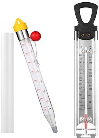 2Pcs Candy Thermometer with Pot Clip, Stainless Steel Deep Fry Oil Thermometer with Hanging Hook Instant Read Glass Cooking Oil Candy Fry Jam Sugar Syrup Jelly Food Thermometer for Food