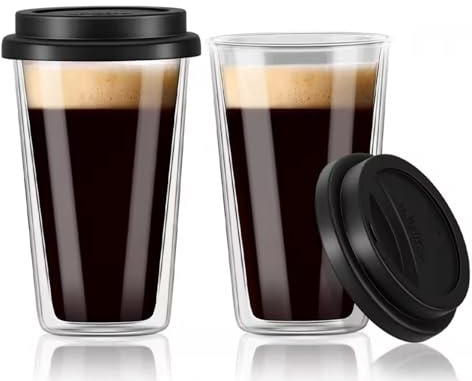 Panlouting 2 Pack | Kaffekopp Glas Kaffekopp med Silikonlock 360 ml | Dubbel Vägg Espressomugg | Värmeisolerande | Perfekt för Kaffe Mjölk Cappuccino Amerikanskt Te