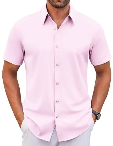 WINKEEY Chemise Homme Manches Courtes sans Repassage Infroissable Chemise Habillée Élastique Été Col Boutonné, Rose L