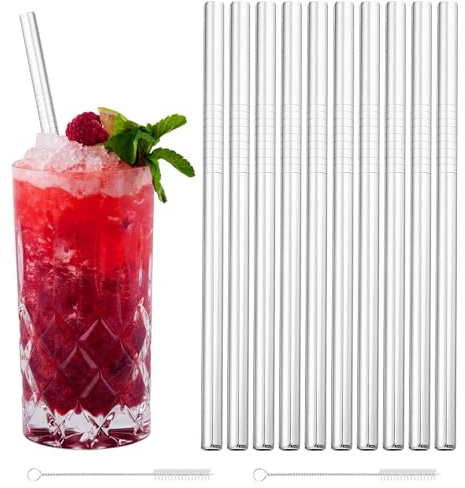 10 pailles courtes réutilisables en Inox acier inoxydable métal pour cocktail café rock gin verre avec 2 brosses de nettoyage pour jus et boissons
