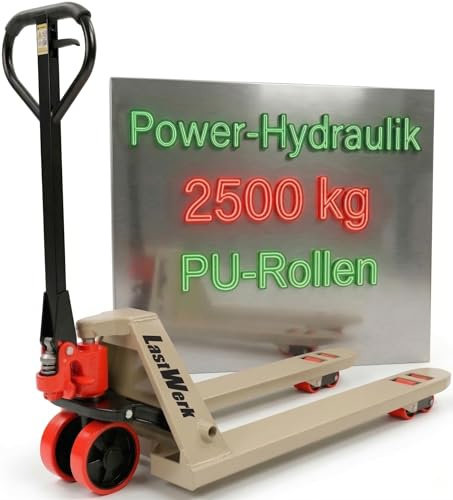 LastWerk One Hubwagen 2500 kg und 1150 mm Gabellänge Handhubwagen Palettenwagen Gabelhubwagen aus Stahl mit Licht & Hupe