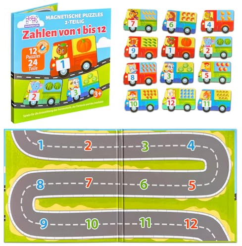 MAGNIKON Puzzle für Kinder Zahlen Lernen von 1 bis 12, Magnetpuzzle | 2 Teile, Magnetisches Puzzle, Kinderpuzzle, Lernspiel, Kinder Beschäftigung für Autofahrt, Spiele für Unterwegs, Baby Puzzle