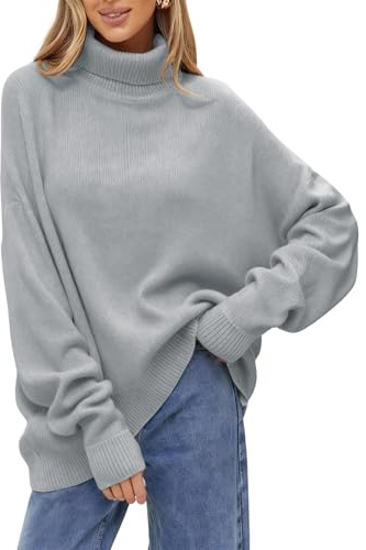 JFAN Jersey de Cuello Alto para Mujer Elegante Suéter de Punto Manga Larga Pullover Holgados Sólidos Clásico para Otoño e Invierno Gris S