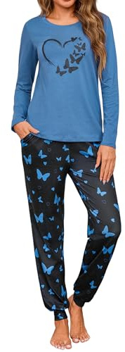 Leversic Pigiama Invernale Donna Cotone Maniche Lunghe Pigiami Lungo Top Stampa a Farfalla e Pantaloni Lunghi Comodo per Casa TF-Blu Cobalto S